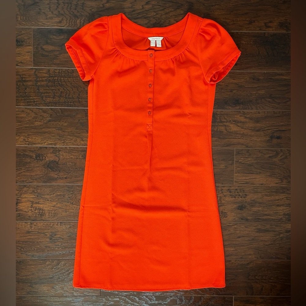 Esprit Bright Red Button Detail Midi Dress - Size 2, Short Sleeve Casual